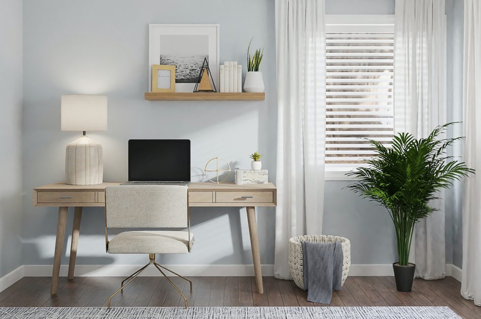 neutral-toned home office with desk essentials, situated to the left of a window