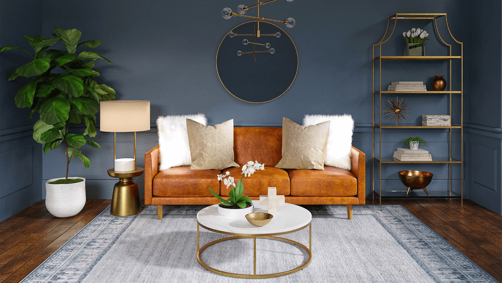 living room reflecting interior design trends of 2022 such as a teal wall with a round mirror as well as a brown sofa, white and gold round coffee table, gold accent table and bookshelf, and a fiddle leaf fig in the corner