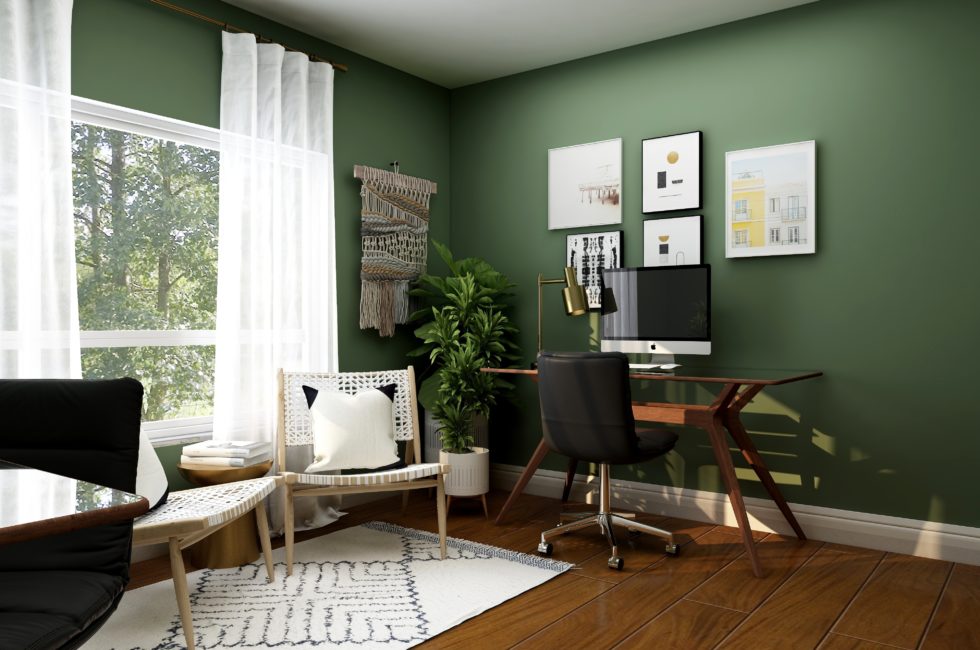 green office space with white and wood accents demonstrating how interior design improves daily life