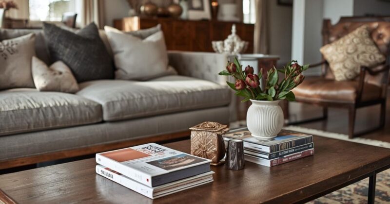 Living room with a wooden table and popular coffee table books styled with a vase, a candle and trinket box