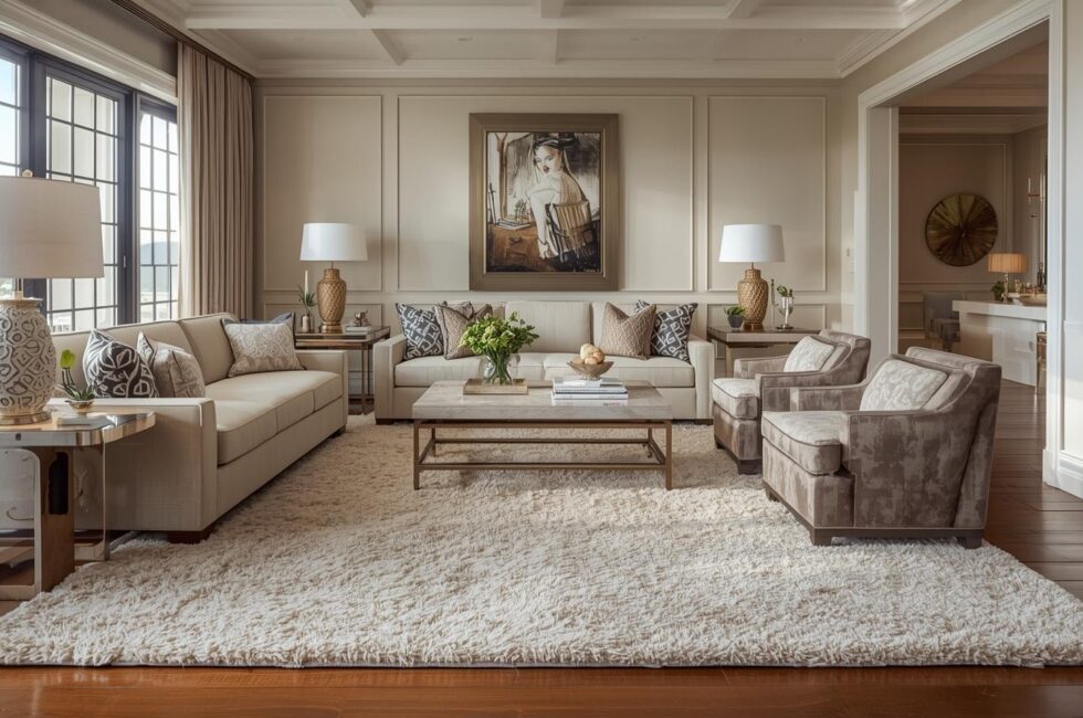 Neutral toned living room with a large textured cream rug